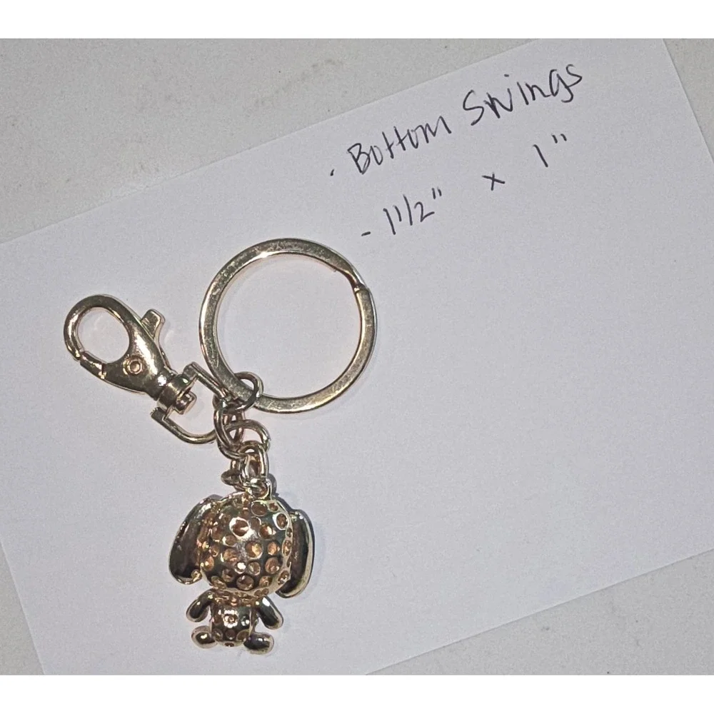 Rhinestone Puppy Dog Keychain Bag Charm Rose Gold Tone Black Enamel Articulated
